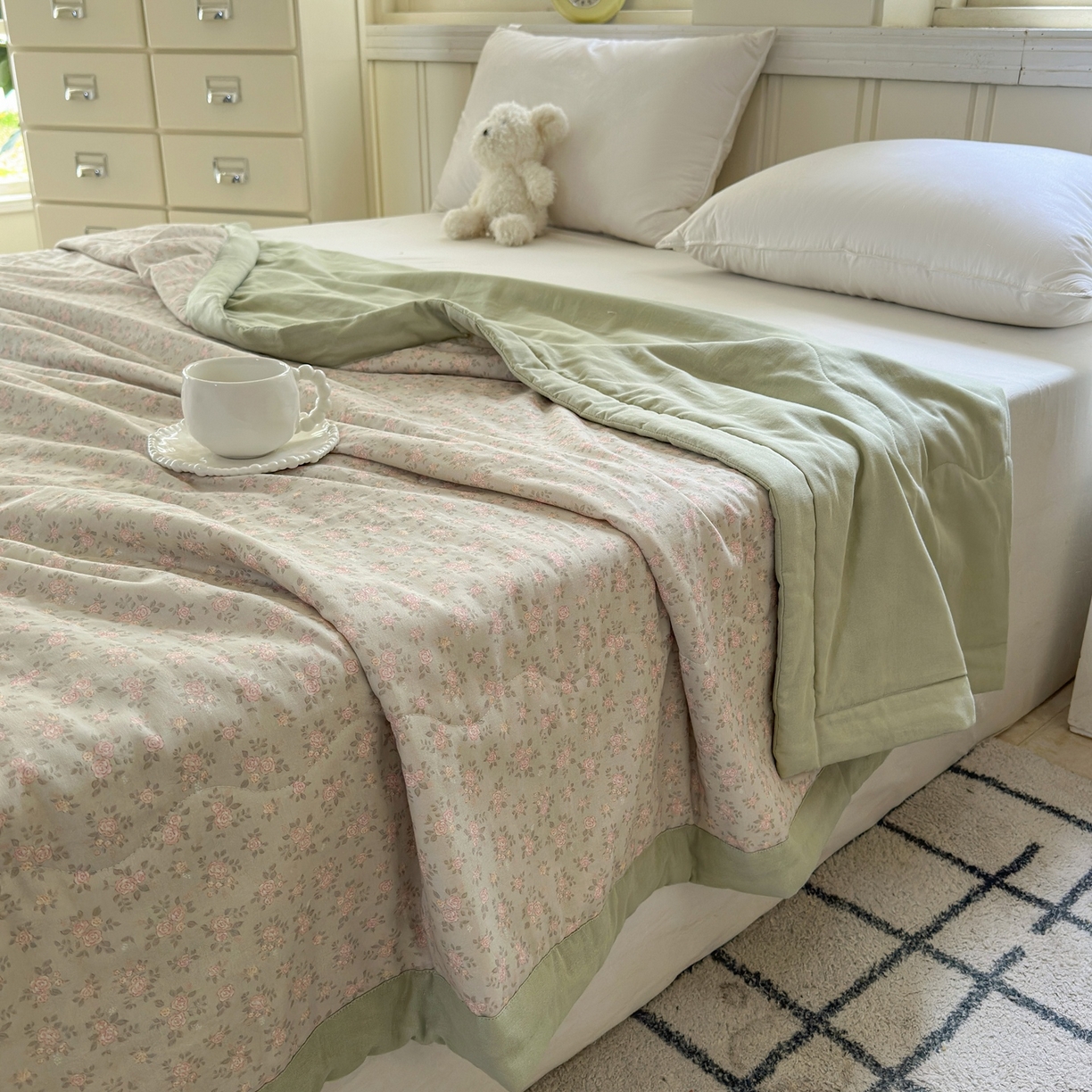 91家纺网 家纺一手货源 找家纺 摩时 2026新款全棉双层纱印花夏被夏凉被空调被 宛夏-绿