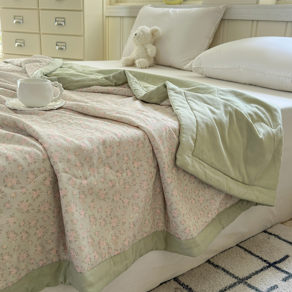 91家纺网 家纺一手货源 找家纺 摩时 2026新款全棉双层纱印花夏被夏凉被空调被 宛夏-绿