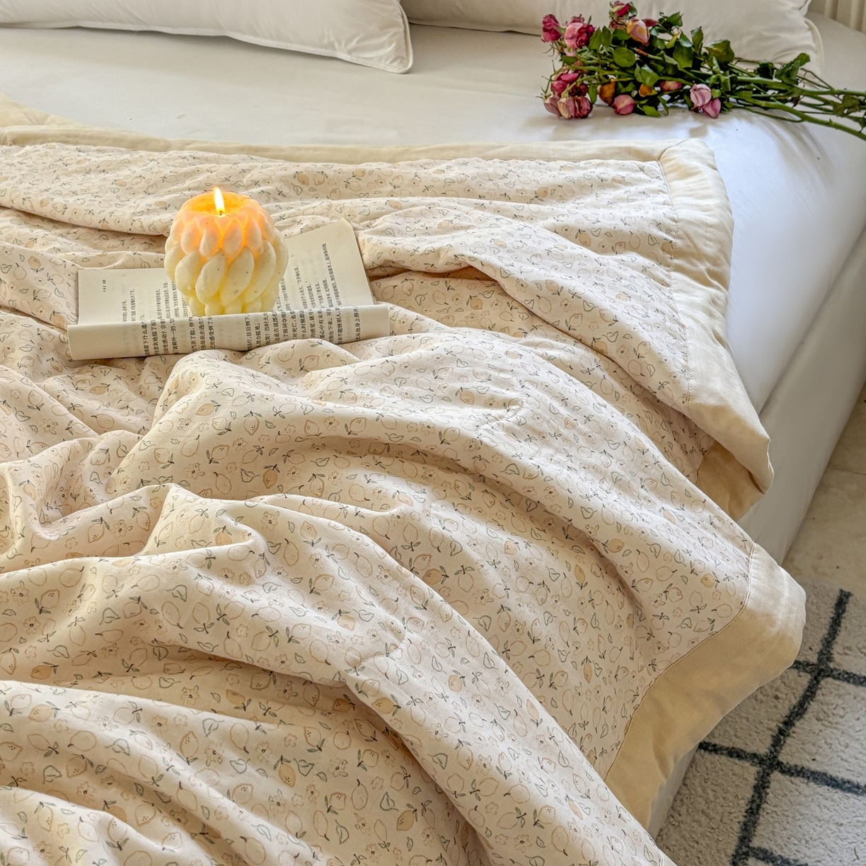 91家纺网 家纺一手货源 找家纺 摩时 2026新款全棉双层纱印花夏被夏凉被空调被 柠语-桔