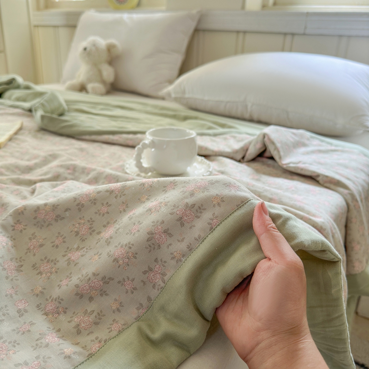 91家纺网 家纺一手货源 找家纺 摩时 2026新款全棉双层纱印花夏被夏凉被空调被 宛夏-绿