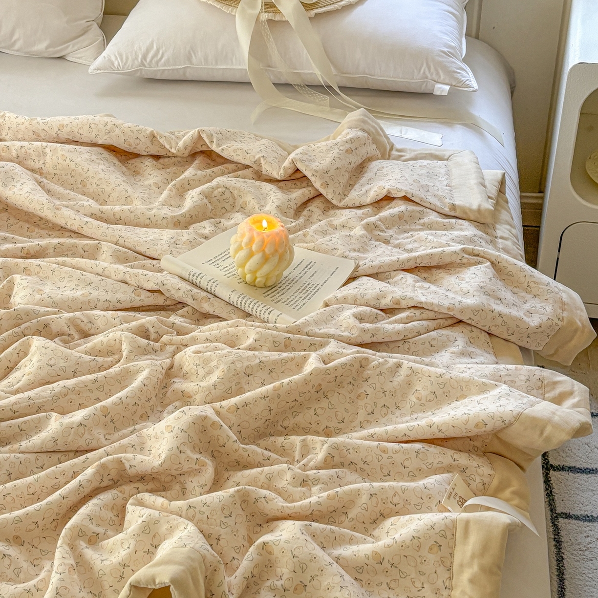 91家纺网 家纺一手货源 找家纺 摩时 2026新款全棉双层纱印花夏被夏凉被空调被 柠语-桔