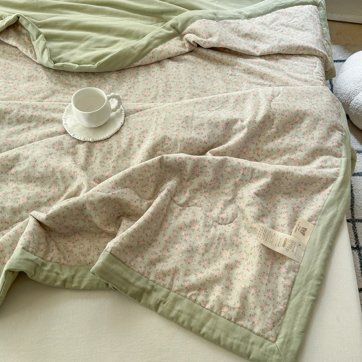 91家纺网 家纺一手货源 找家纺 摩时 2026新款全棉双层纱印花夏被夏凉被空调被 宛夏-绿