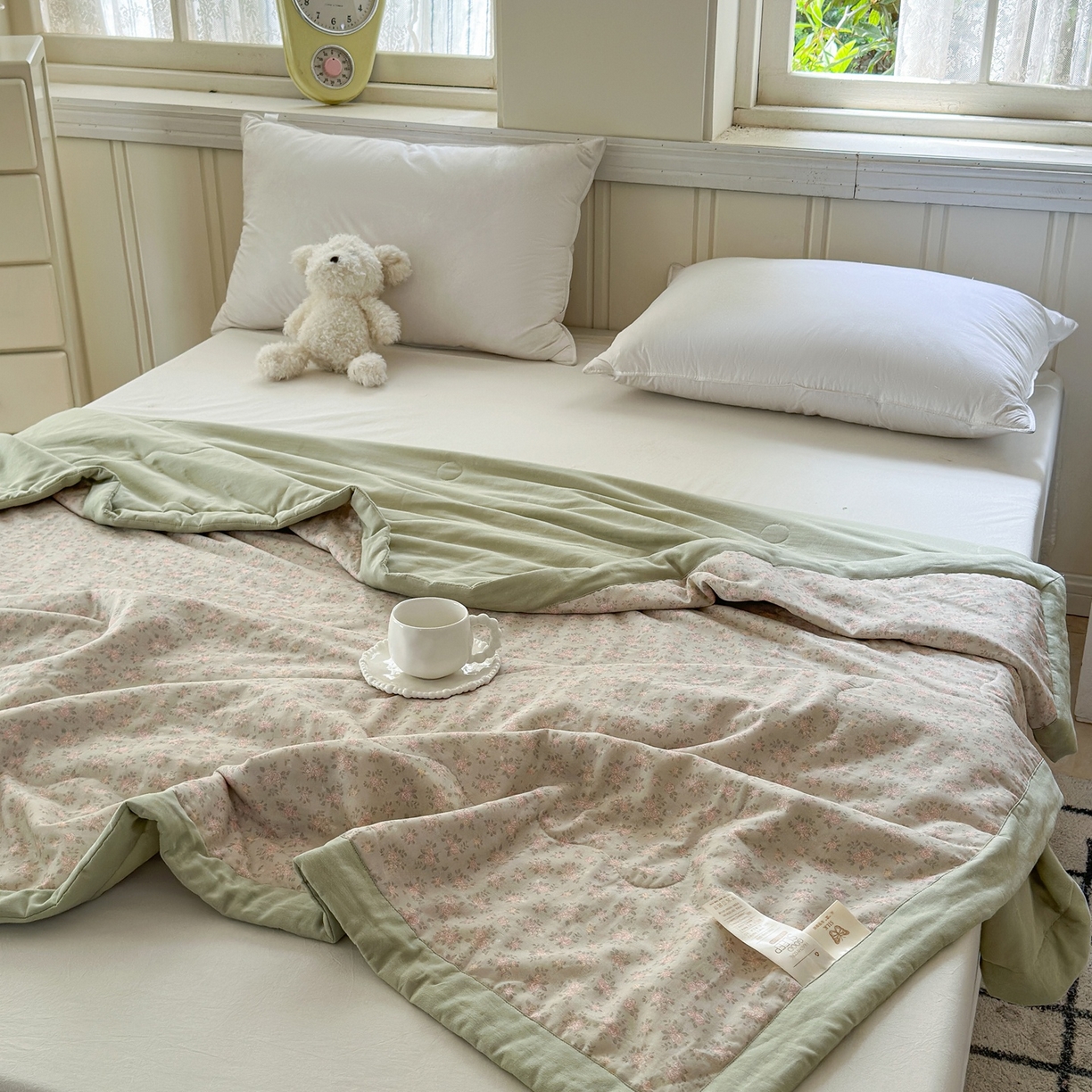 91家纺网 家纺一手货源 找家纺 摩时 2026新款全棉双层纱印花夏被夏凉被空调被 宛夏-绿