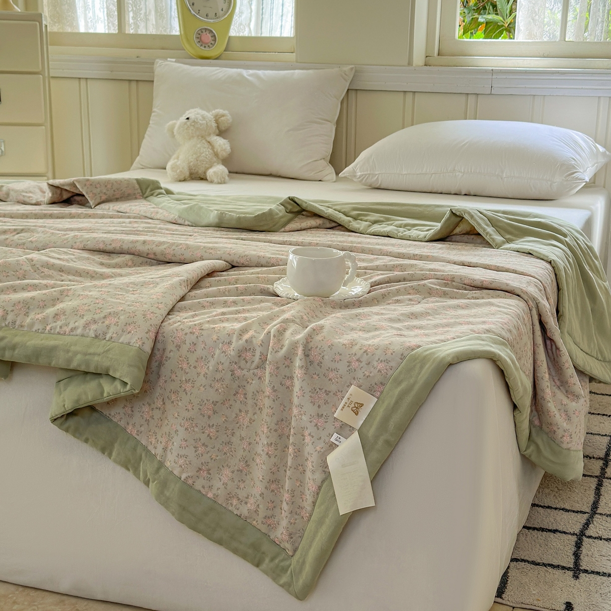 91家纺网 家纺一手货源 找家纺 摩时 2026新款全棉双层纱印花夏被夏凉被空调被 宛夏-绿