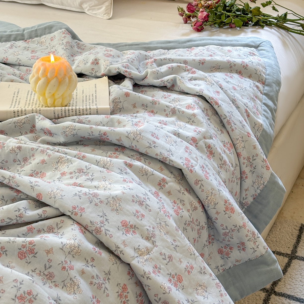 91家纺网 家纺一手货源 找家纺 摩时 2026新款全棉双层纱印花夏被夏凉被空调被 云纱-浅蓝