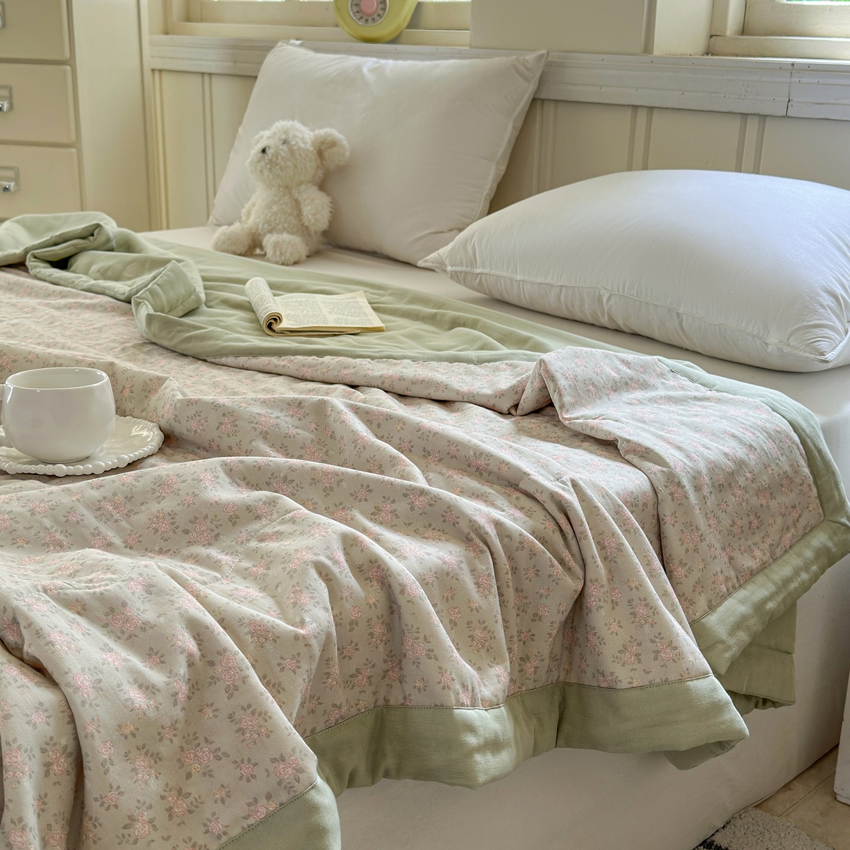 91家纺网 家纺一手货源 找家纺 摩时 2026新款全棉双层纱印花夏被夏凉被空调被 宛夏-绿