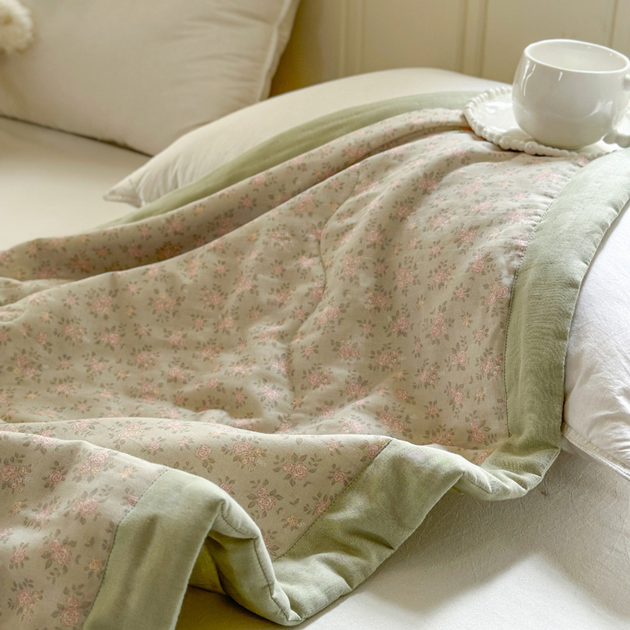 91家纺网 家纺一手货源 找家纺 摩时 2026新款全棉双层纱印花夏被夏凉被空调被 宛夏-绿