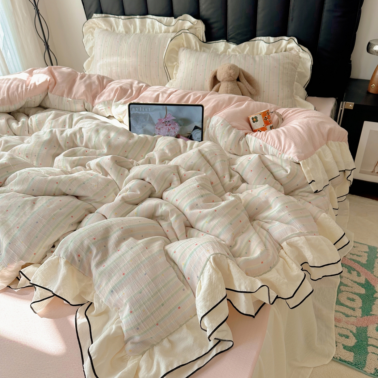 91家纺网 家纺一手货源 找家纺 （总）韩都家居 2026春夏新款双层纱皱皱纱韩系清新风四件套