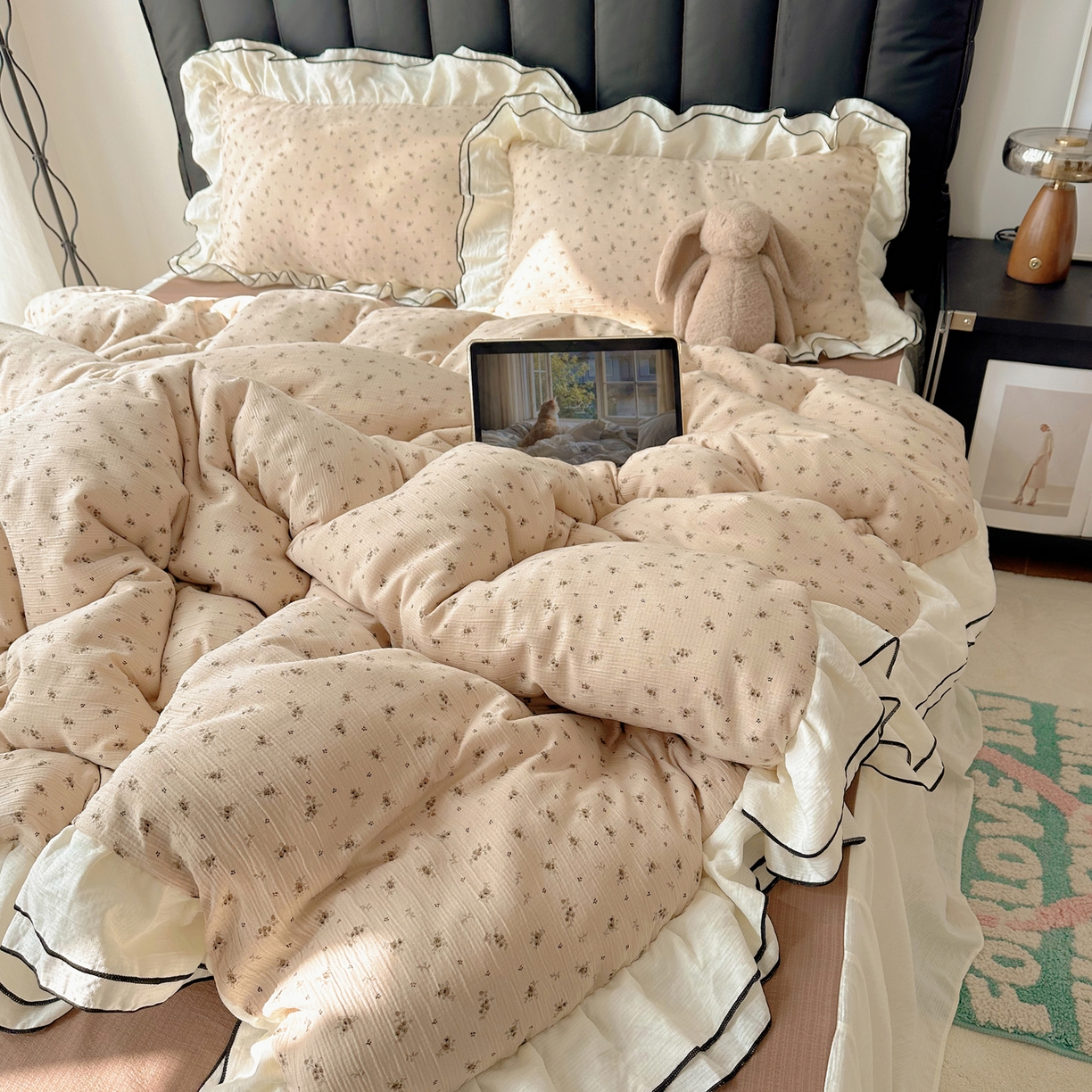 91家纺网 家纺一手货源 找家纺 （总）韩都家居 2026春夏新款双层纱皱皱纱韩系清新风四件套