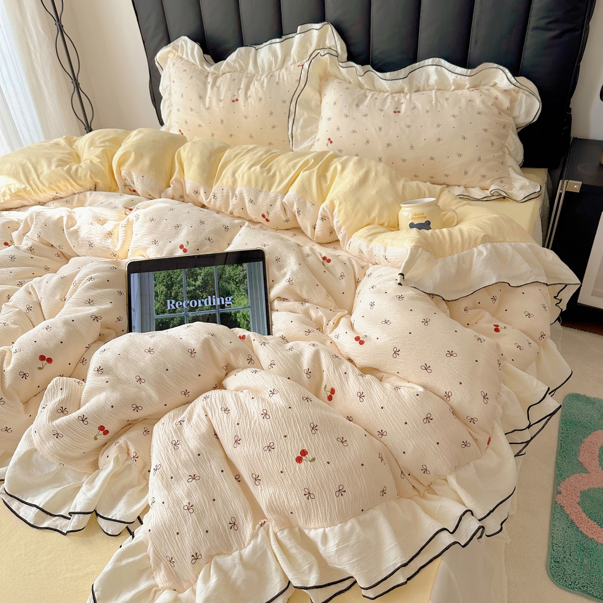 91家纺网 家纺一手货源 找家纺 韩都家居 2026春夏新款双层纱皱皱纱韩系清新风四件套 艾樱结