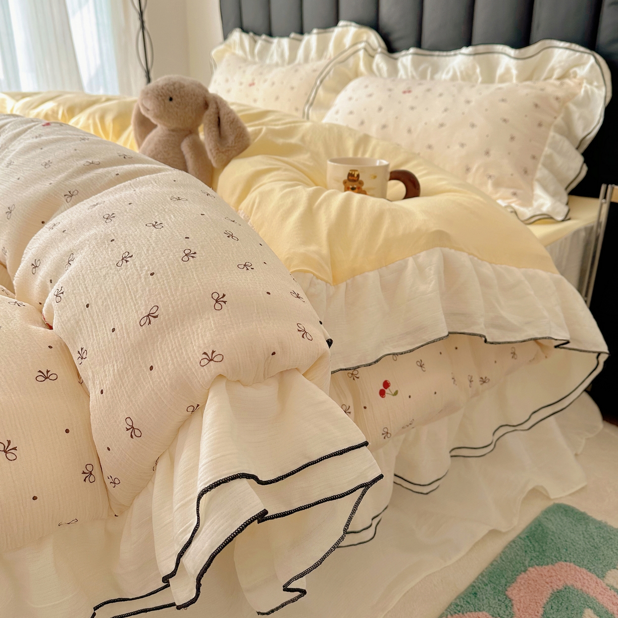 91家纺网 家纺一手货源 找家纺 韩都家居 2026春夏新款双层纱皱皱纱韩系清新风四件套 艾樱结