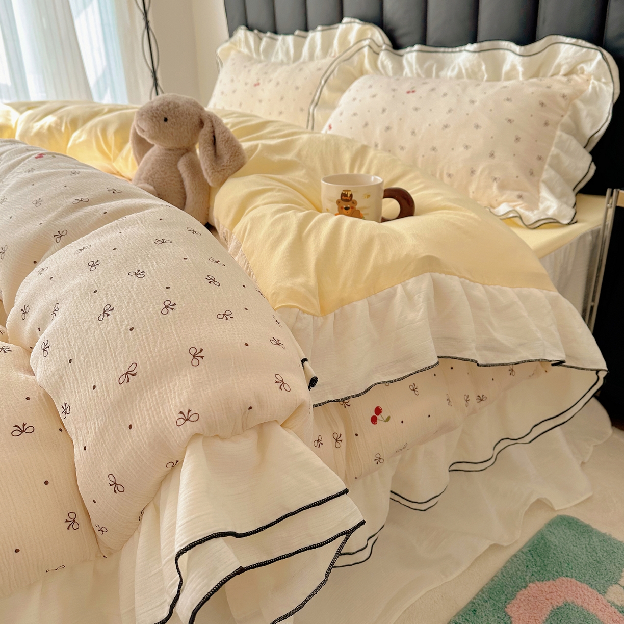 91家纺网 家纺一手货源 找家纺 韩都家居 2026春夏新款双层纱皱皱纱韩系清新风四件套 艾樱结