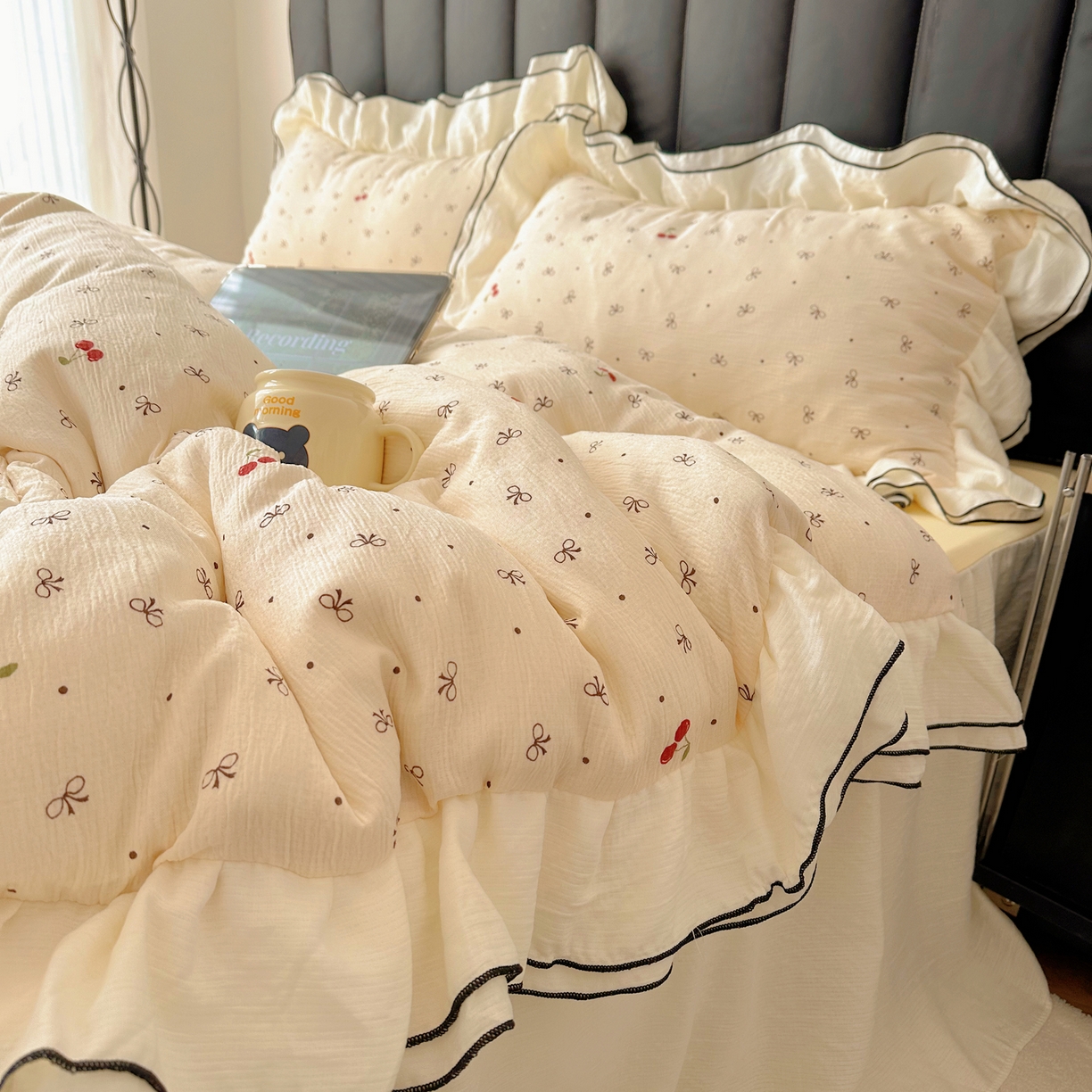 91家纺网 家纺一手货源 找家纺 韩都家居 2026春夏新款双层纱皱皱纱韩系清新风四件套 艾樱结