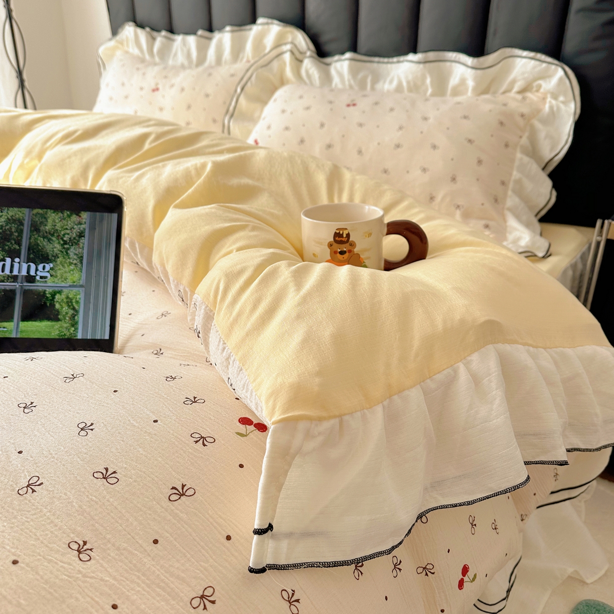 91家纺网 家纺一手货源 找家纺 韩都家居 2026春夏新款双层纱皱皱纱韩系清新风四件套 艾樱结