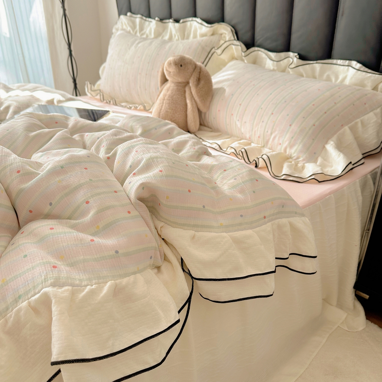 91家纺网 家纺一手货源 找家纺 韩都家居 2026春夏新款双层纱皱皱纱韩系清新风四件套 彩点