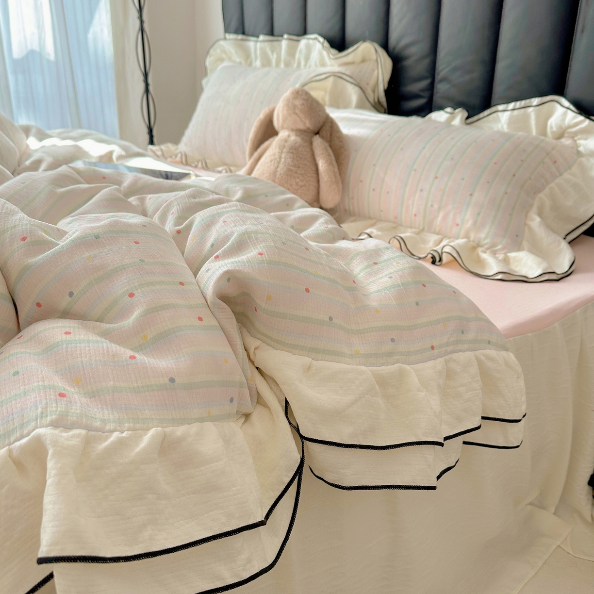 91家纺网 家纺一手货源 找家纺 韩都家居 2026春夏新款双层纱皱皱纱韩系清新风四件套 彩点