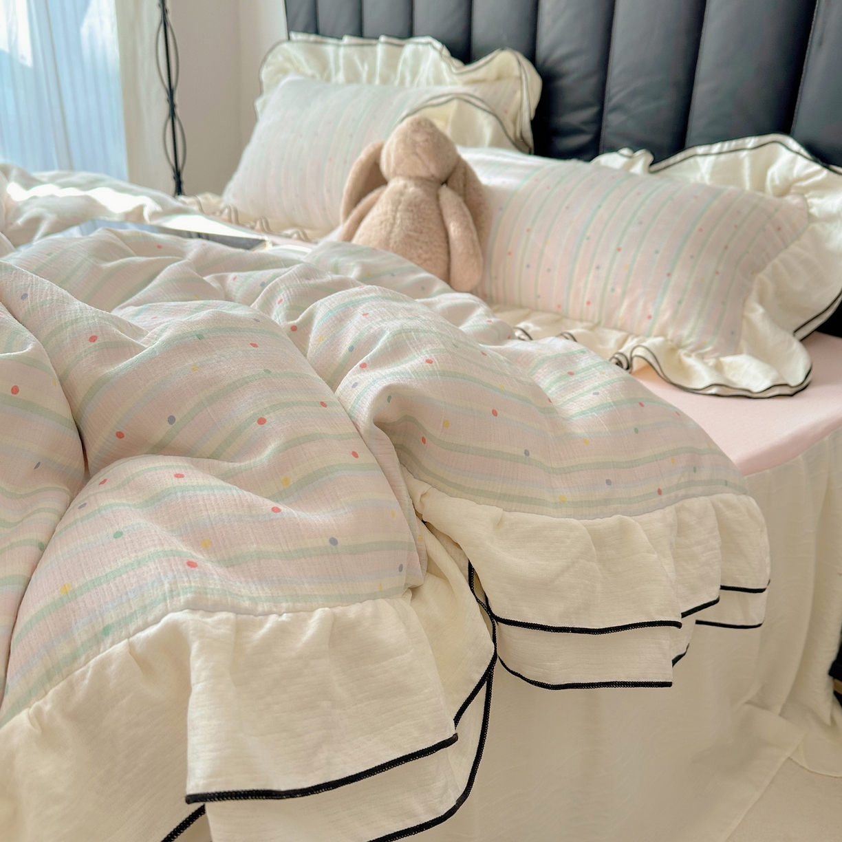 91家纺网 家纺一手货源 找家纺 韩都家居 2026春夏新款双层纱皱皱纱韩系清新风四件套 彩点