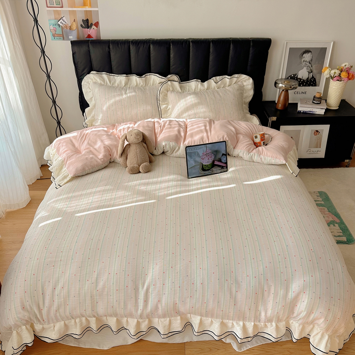 91家纺网 家纺一手货源 找家纺 韩都家居 2026春夏新款双层纱皱皱纱韩系清新风四件套 彩点