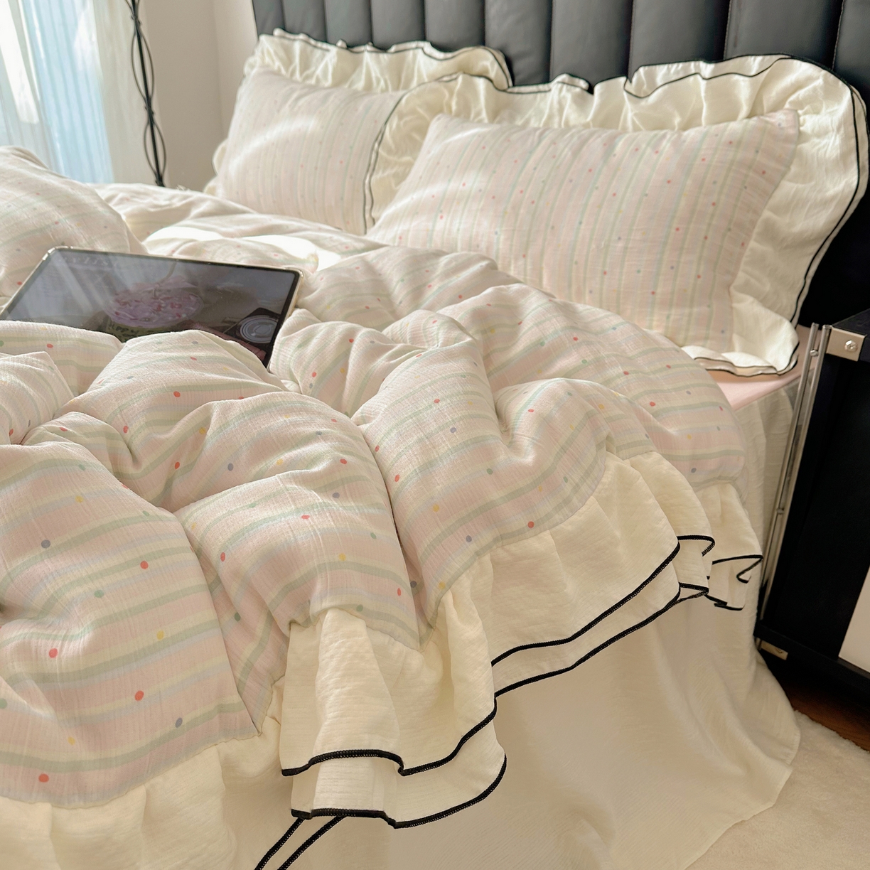 91家纺网 家纺一手货源 找家纺 韩都家居 2026春夏新款双层纱皱皱纱韩系清新风四件套 彩点