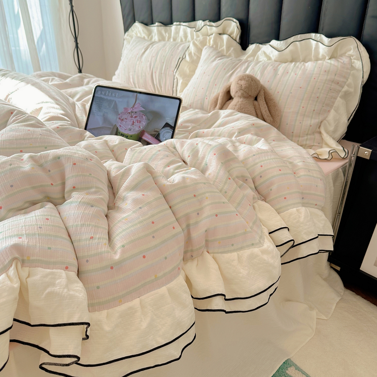 91家纺网 家纺一手货源 找家纺 韩都家居 2026春夏新款双层纱皱皱纱韩系清新风四件套 彩点