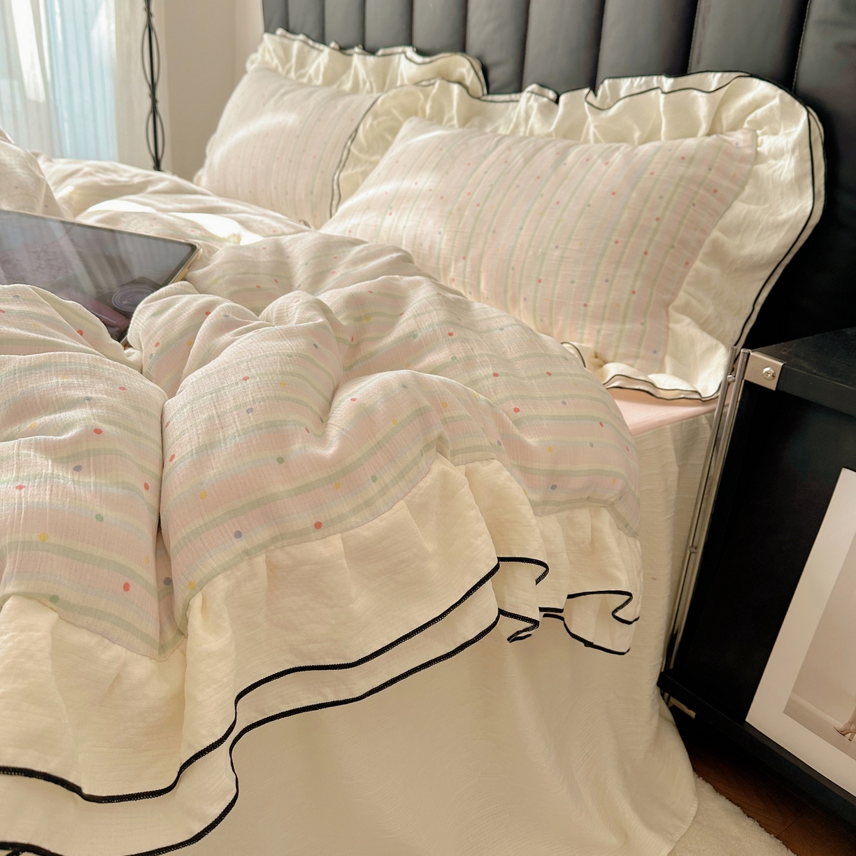 91家纺网 家纺一手货源 找家纺 韩都家居 2026春夏新款双层纱皱皱纱韩系清新风四件套 彩点