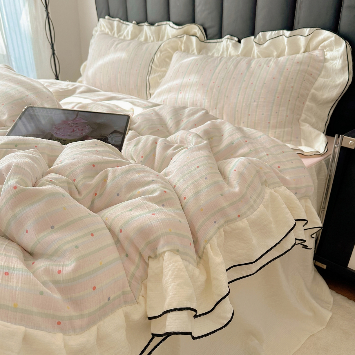 91家纺网 家纺一手货源 找家纺 韩都家居 2026春夏新款双层纱皱皱纱韩系清新风四件套 彩点