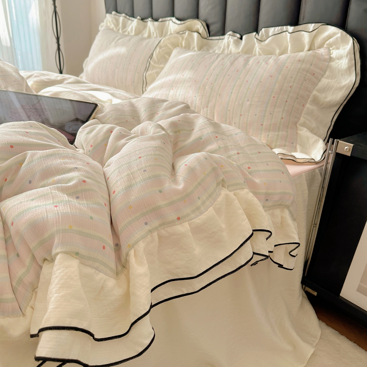 91家纺网 家纺一手货源 找家纺 韩都家居 2026春夏新款双层纱皱皱纱韩系清新风四件套 彩点