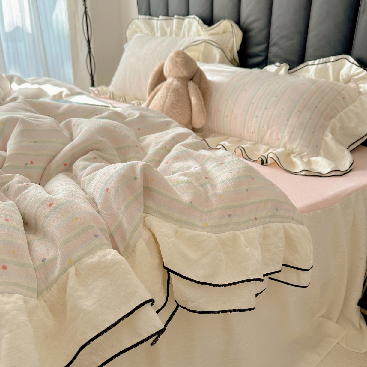 91家纺网 家纺一手货源 找家纺 韩都家居 2026春夏新款双层纱皱皱纱韩系清新风四件套 彩点