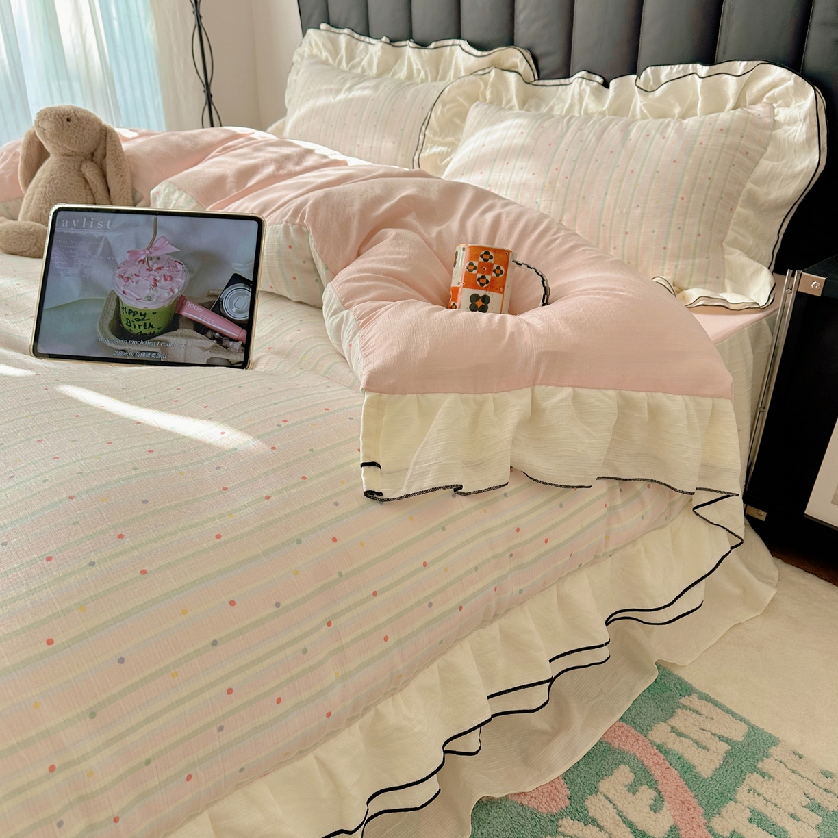 91家纺网 家纺一手货源 找家纺 韩都家居 2026春夏新款双层纱皱皱纱韩系清新风四件套 彩点