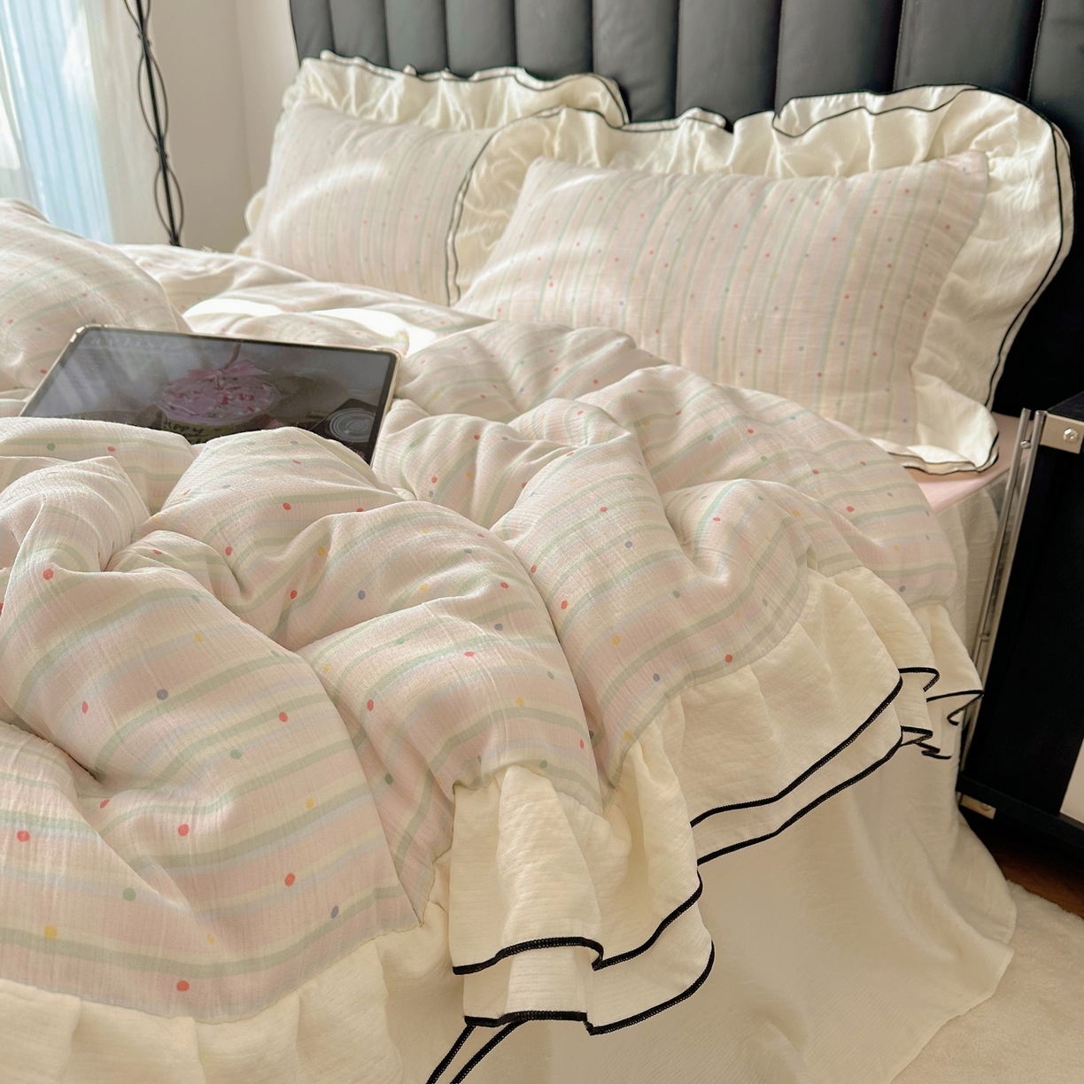 91家纺网 家纺一手货源 找家纺 韩都家居 2026春夏新款双层纱皱皱纱韩系清新风四件套 彩点