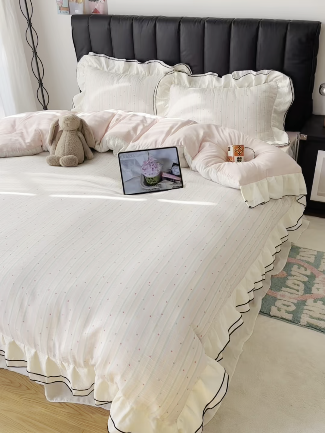 91家纺网 家纺一手货源 找家纺 韩都家居 2026春夏新款双层纱皱皱纱韩系清新风四件套 彩点