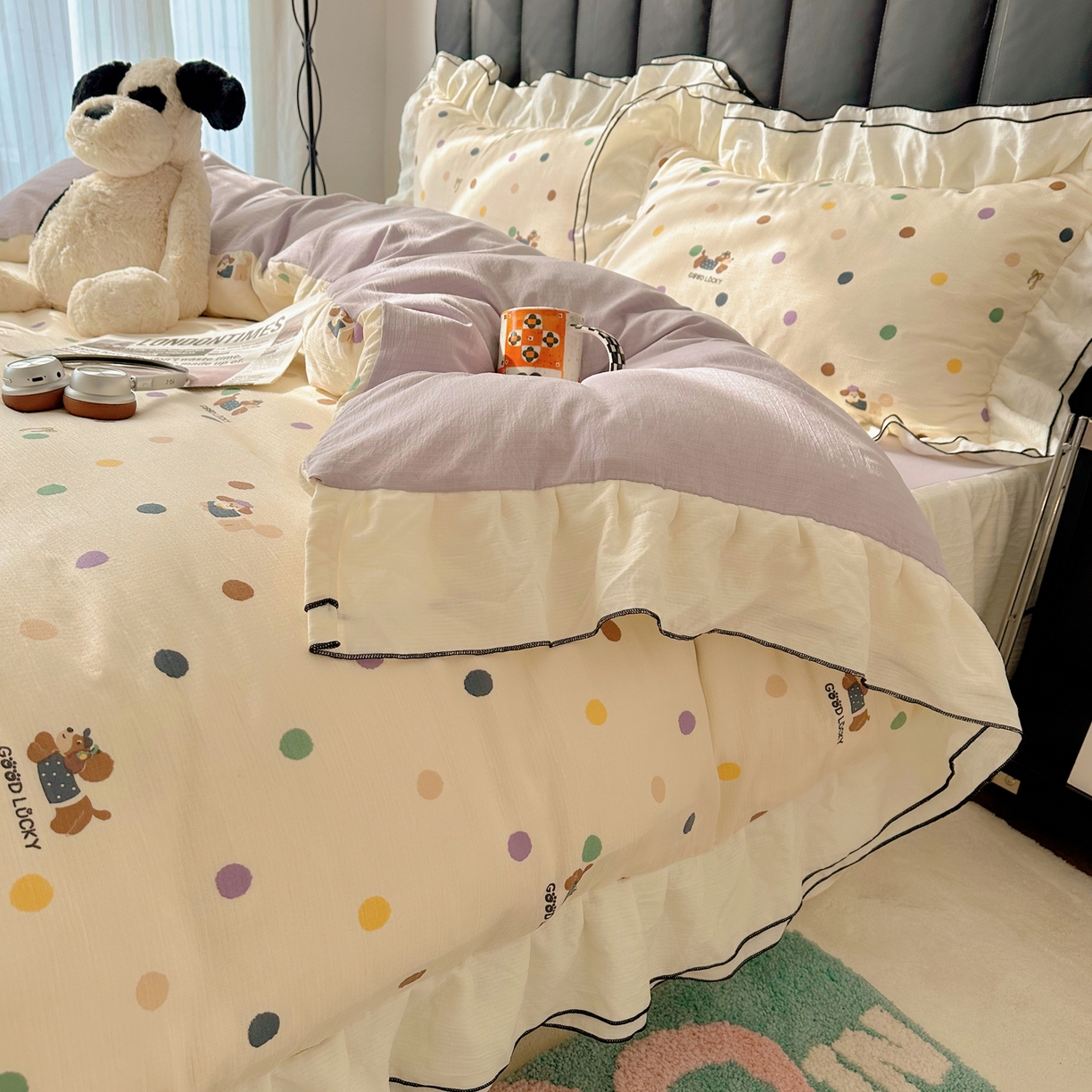 91家纺网 家纺一手货源 找家纺 韩都家居 2026春夏新款双层纱皱皱纱韩系清新风四件套 彩修狗