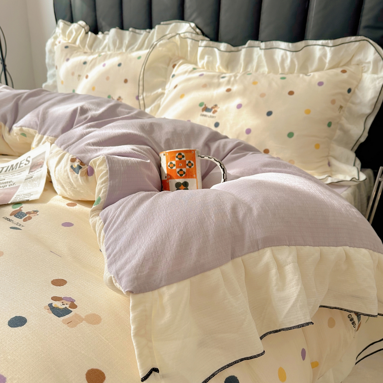 91家纺网 家纺一手货源 找家纺 韩都家居 2026春夏新款双层纱皱皱纱韩系清新风四件套 彩修狗