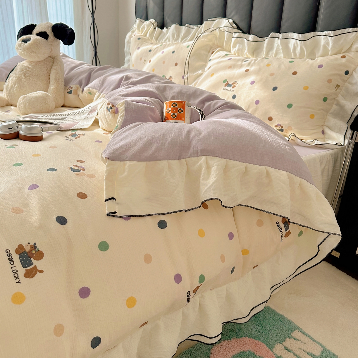 91家纺网 家纺一手货源 找家纺 韩都家居 2026春夏新款双层纱皱皱纱韩系清新风四件套 彩修狗