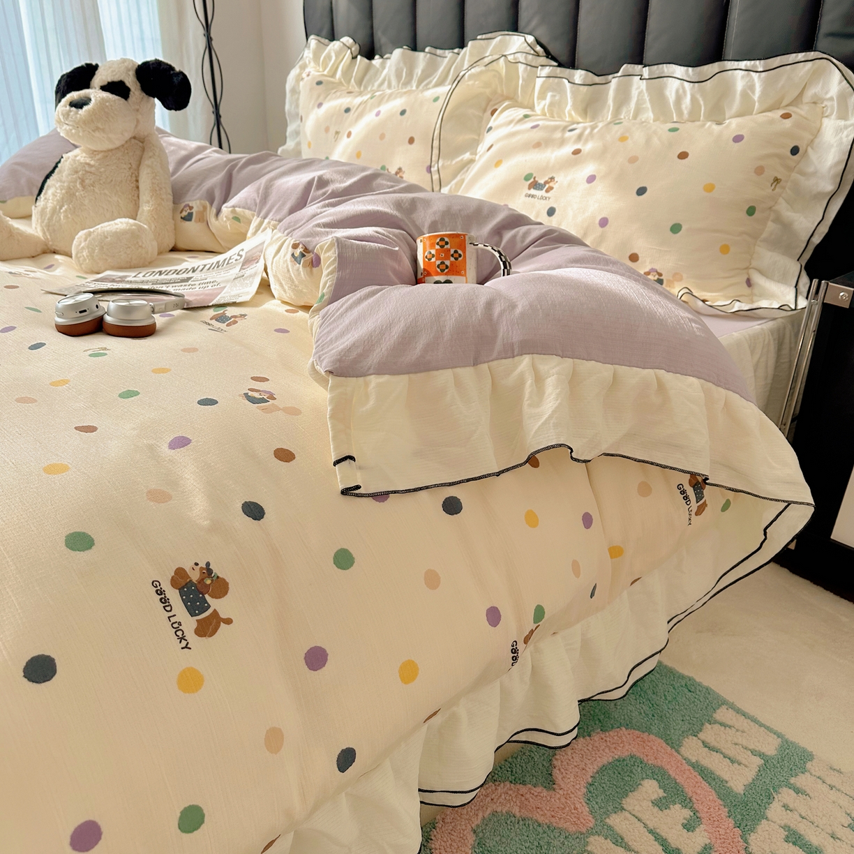 91家纺网 家纺一手货源 找家纺 韩都家居 2026春夏新款双层纱皱皱纱韩系清新风四件套 彩修狗