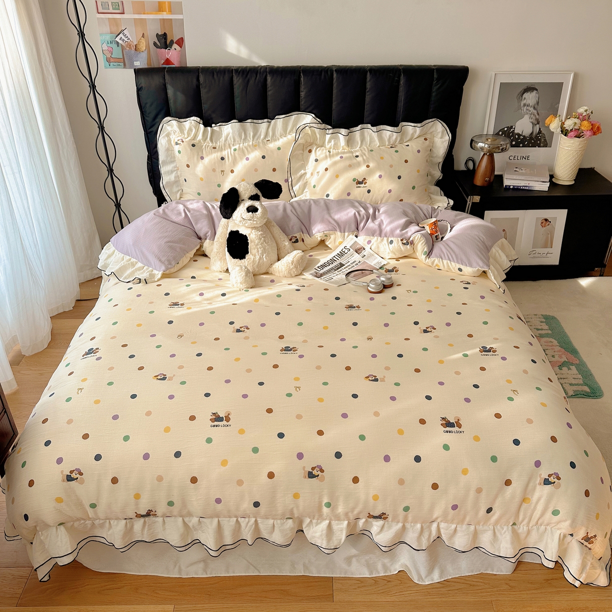 91家纺网 家纺一手货源 找家纺 韩都家居 2026春夏新款双层纱皱皱纱韩系清新风四件套 彩修狗