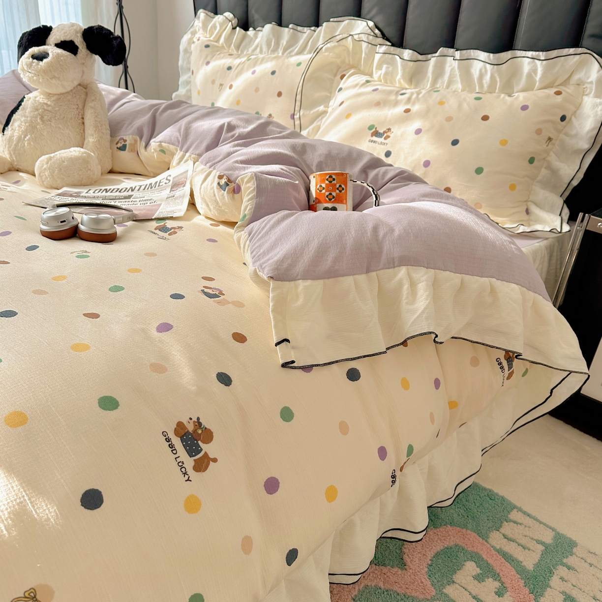 91家纺网 家纺一手货源 找家纺 韩都家居 2026春夏新款双层纱皱皱纱韩系清新风四件套 彩修狗