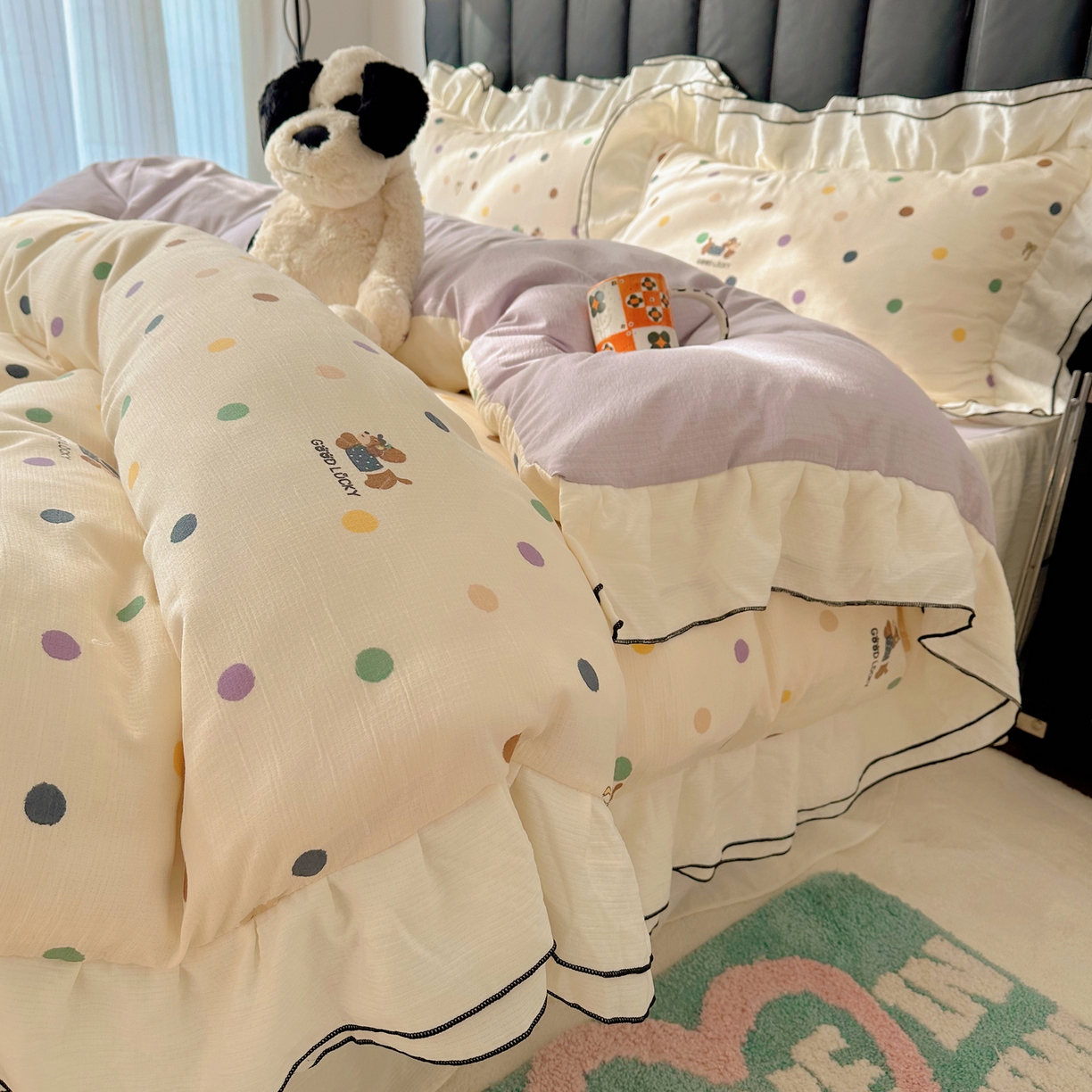 91家纺网 家纺一手货源 找家纺 韩都家居 2026春夏新款双层纱皱皱纱韩系清新风四件套 彩修狗