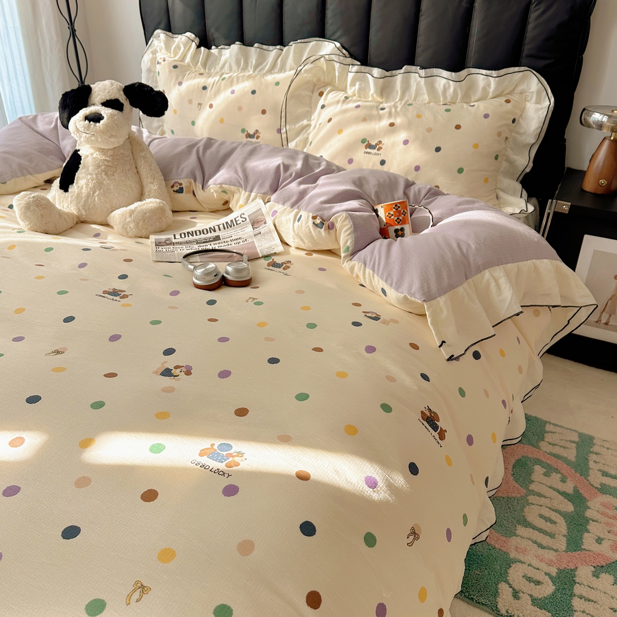 91家纺网 家纺一手货源 找家纺 韩都家居 2026春夏新款双层纱皱皱纱韩系清新风四件套 彩修狗