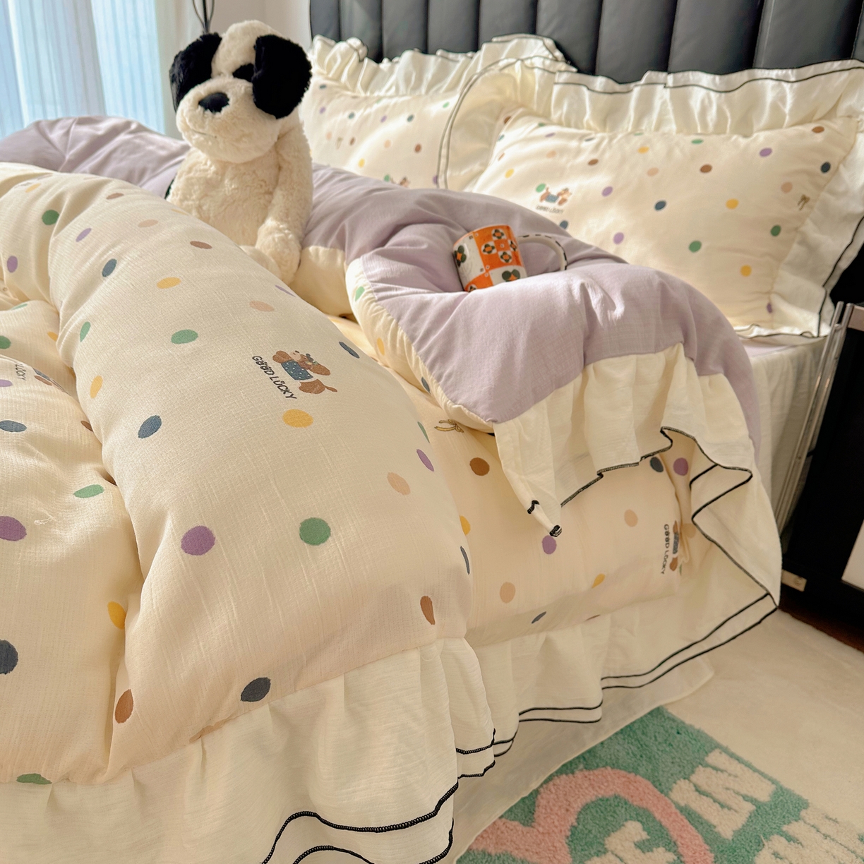 91家纺网 家纺一手货源 找家纺 韩都家居 2026春夏新款双层纱皱皱纱韩系清新风四件套 彩修狗