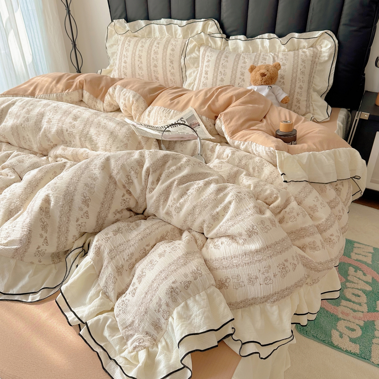 韩都家居 2026春夏新款双层纱皱皱纱韩系清新风四件套 茶园