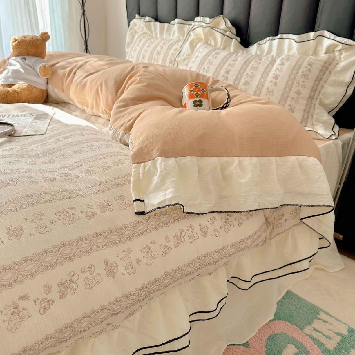 91家纺网 家纺一手货源 找家纺 韩都家居 2026春夏新款双层纱皱皱纱韩系清新风四件套 茶园