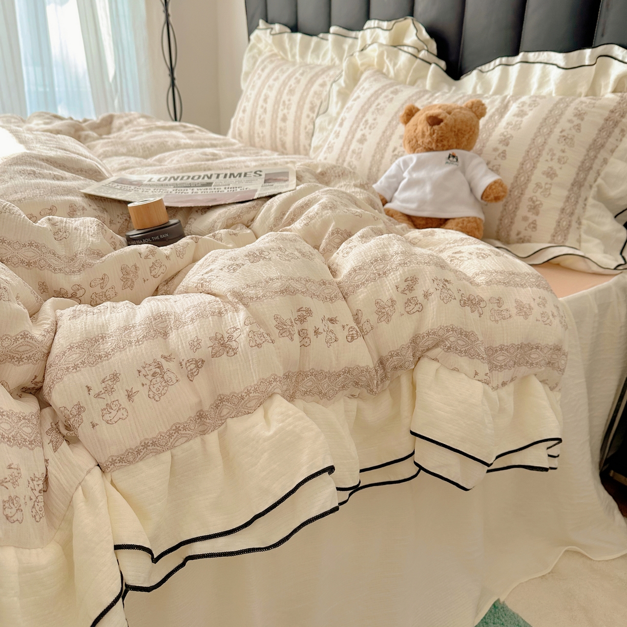 91家纺网 家纺一手货源 找家纺 韩都家居 2026春夏新款双层纱皱皱纱韩系清新风四件套 茶园