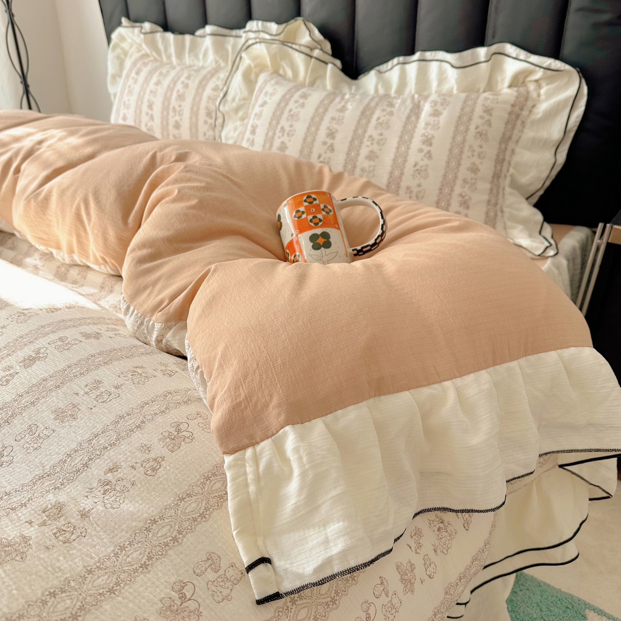 91家纺网 家纺一手货源 找家纺 韩都家居 2026春夏新款双层纱皱皱纱韩系清新风四件套 茶园