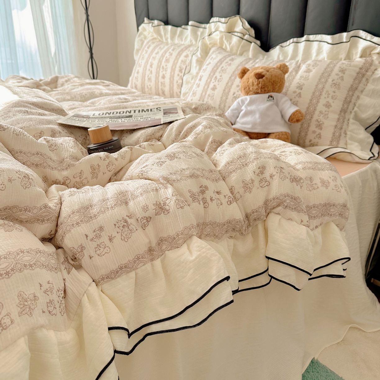 91家纺网 家纺一手货源 找家纺 韩都家居 2026春夏新款双层纱皱皱纱韩系清新风四件套 茶园