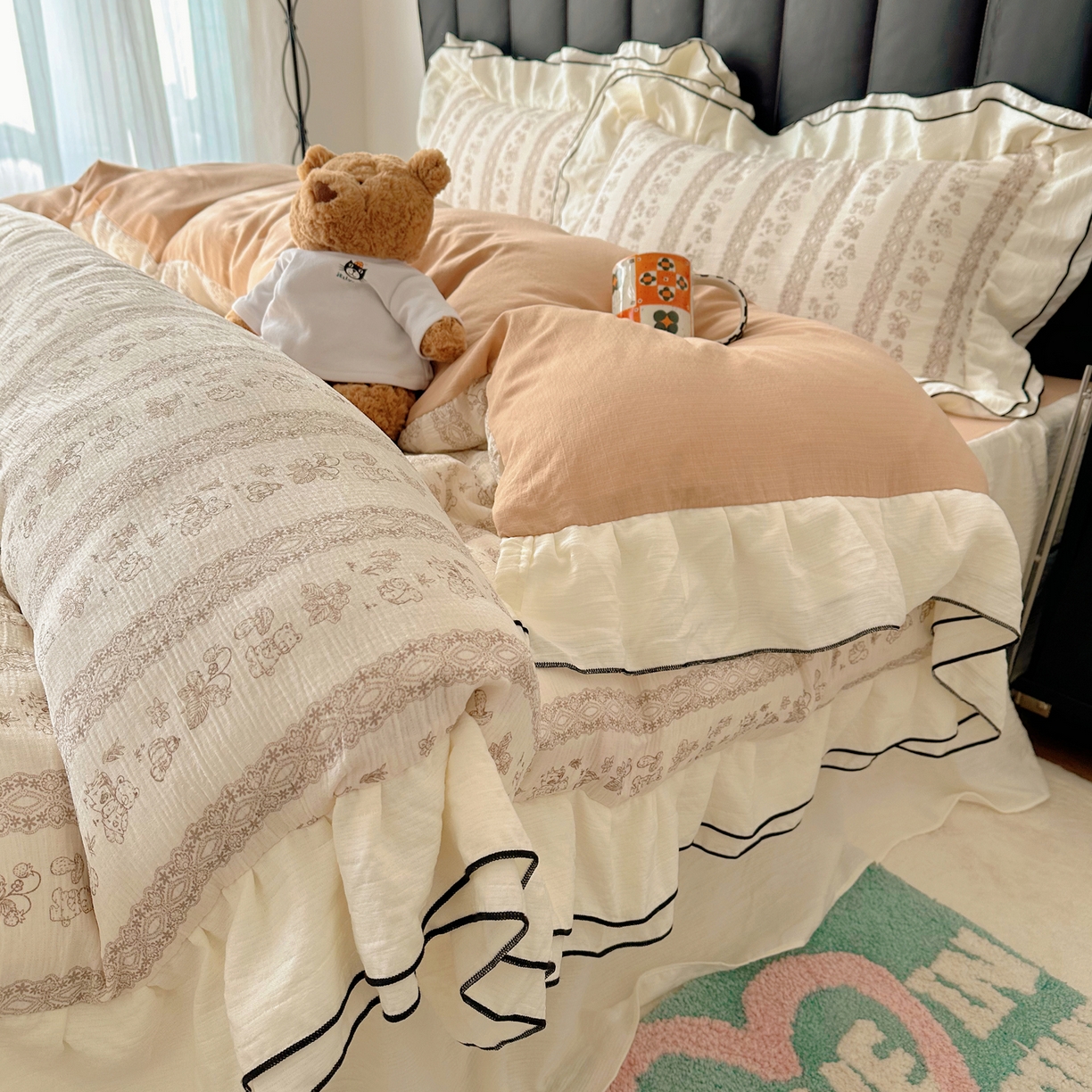 91家纺网 家纺一手货源 找家纺 韩都家居 2026春夏新款双层纱皱皱纱韩系清新风四件套 茶园