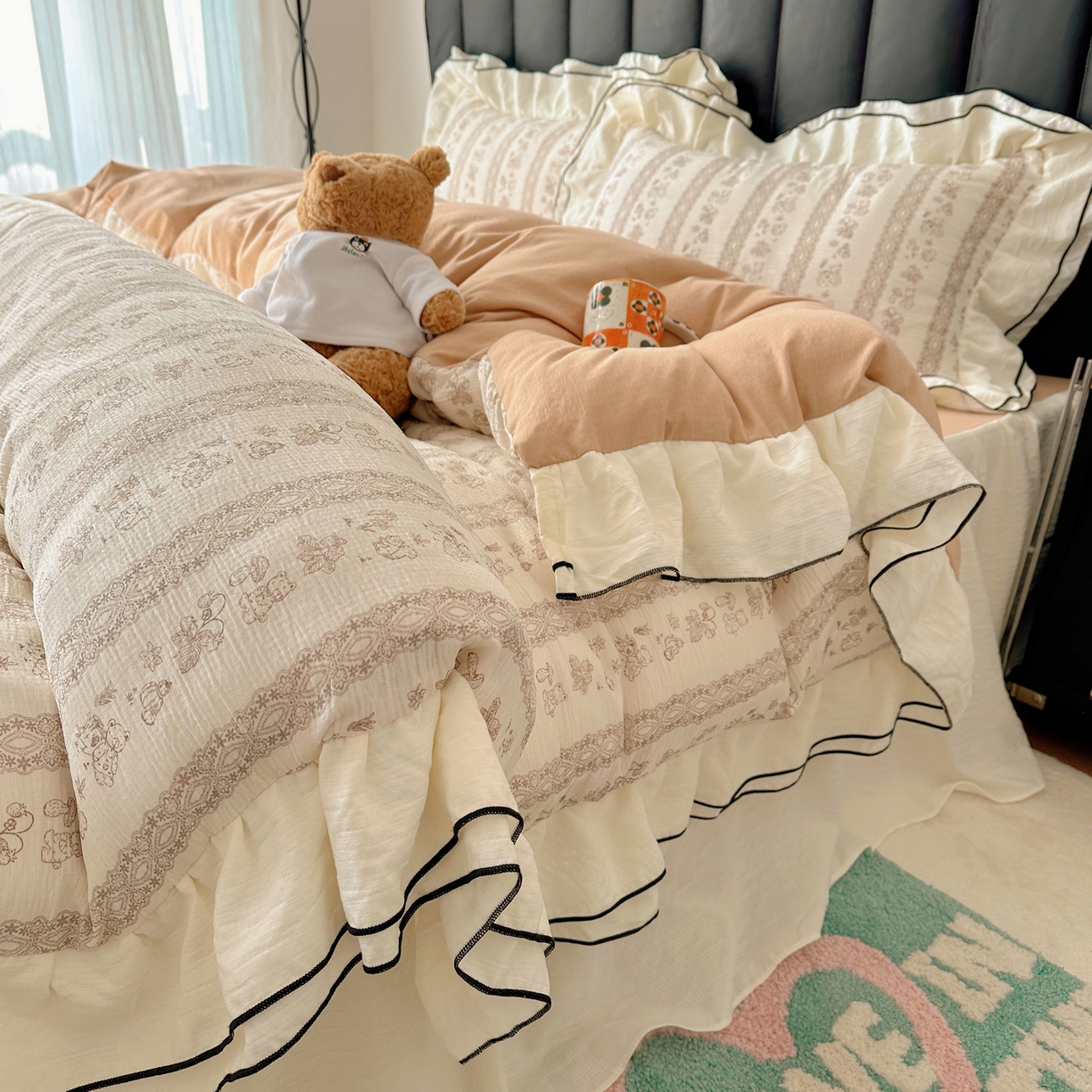 91家纺网 家纺一手货源 找家纺 韩都家居 2026春夏新款双层纱皱皱纱韩系清新风四件套 茶园