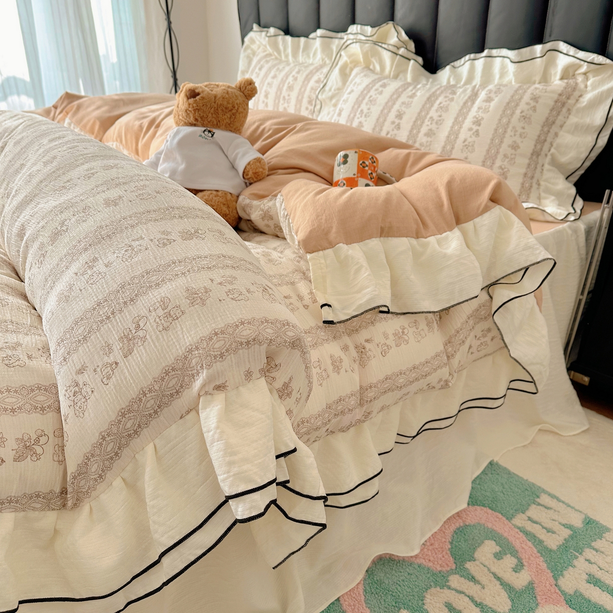 91家纺网 家纺一手货源 找家纺 韩都家居 2026春夏新款双层纱皱皱纱韩系清新风四件套 茶园