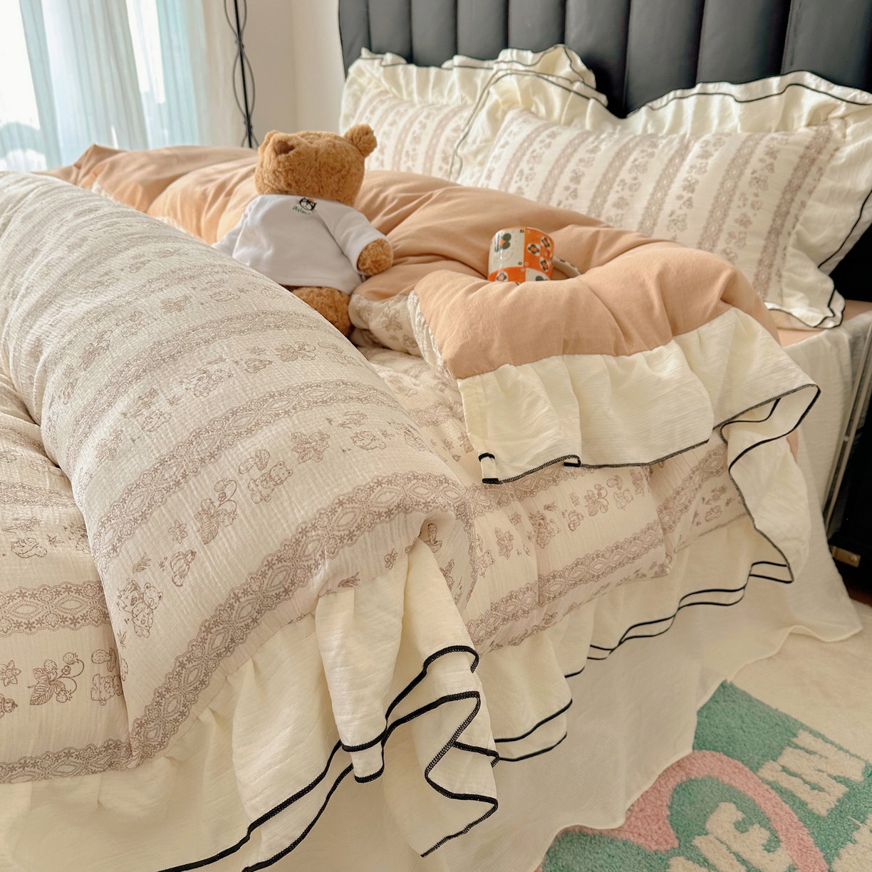 91家纺网 家纺一手货源 找家纺 韩都家居 2026春夏新款双层纱皱皱纱韩系清新风四件套 茶园