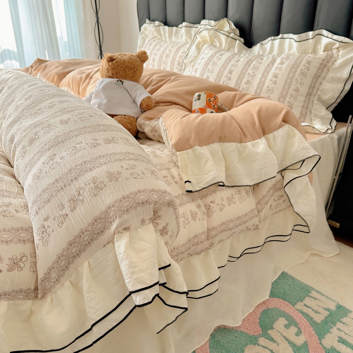 91家纺网 家纺一手货源 找家纺 韩都家居 2026春夏新款双层纱皱皱纱韩系清新风四件套 茶园